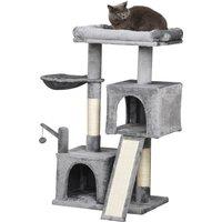 PawHut Cat tree Tower 111cm Climbing Kitten Activity Centre with Sisal Scratching Post Pad Perch Hanging Ball Hammock Condo Toy Grey Aosom UK
