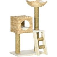 PawHut Cat Tree for Indoor Cats Kitten Tower Cattail Weave with Scratching Posts, Cat House, Bed Washable Cushions Natural, 57 x 37 x 100.5 cm