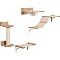 PawHut Wall-Mounted Cat Climbing Shelf Set, 4PCs with Hammock, Scratching Post, Jumping Platform, Activity Centre, Brown Aosom UK