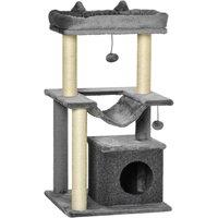 PawHut Cat Tree, 90cm Cat Tower with Sisal Scratching Posts, Cat Condo, Hammock, Top Perch and 2 Hanging Toys for Cats, Grey