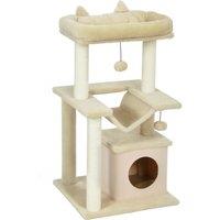 PawHut Cat Tree, 90cm Cat Tower with Sisal Scratching Posts, Cat Condo, Hammock, Top Perch and 2 Hanging Toys for Cats, Beige