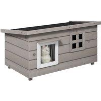 PawHut Wooden Cat House Outdoor, Elevated Cat Shelter Kennel, Pet Play House with Openable Top, Asphalt Roof, Window, Grey