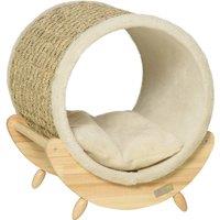 PawHut Elevated Cat House, Kitten Bed with Scratcher, Soft Cushion, Pet Shelter, 41 x 38 x 43 cm, Khaki Aosom UK