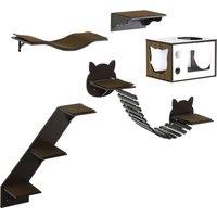 PawHut 5 Pieces Cat Wall Shelves with Curved Platform, Cat Condo, Bridge, Stairs, and Perch, Wall Mounted Cat Tree for Indoor Use, Brown