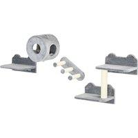 PawHut 4PCs Wall-Mounted Cat Tree, with Steps, Perch, Cat House - Grey