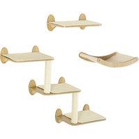 PawHut Wall Mounted Cat Shelves, Climbing Shelf Set for Kittens, Activity Centre with Platforms Hammock Scratching Post, Oak Aosom UK