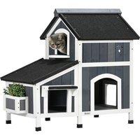 PawHut Wooden Cat House Outdoor with Flower Pot, 2 Tiers Cat Shelter with Window, Multiple Entrances, Water-resistant Roof, Grey