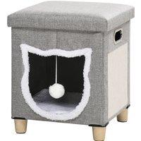 PawHut Cat Ottoman Bed 2-in-1, Cosy Cave with Cushion, Scratcher, Handles, Anti-Slip, Toy Ball, Grey Aosom UK
