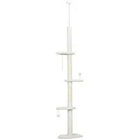 PawHut 225-255 cm Adjustable Cat Climbing Tower with Sisal Scratching Posts, 2 Hanging Play Balls and Anti-Tip Strap, Beige