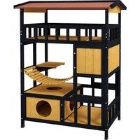 PawHut Outdoor Cat Shelter, Four-Tier Wooden Feral Cat House, with Suspension Bridge, Cat Houses, Balcony, Escape Doors