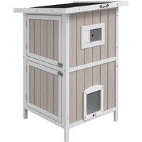 PawHut Outdoor 2 Tiers Wooden Cat Shelter w/ Removable Bottom, Escape Doors, Asphalt Roof, for 1-2 Cats - Light Grey Aosom UK