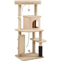 PawHut 132cm Cat Tree w/ Scratching Posts, Pad, Cat Bed, Cat House, Jumping Platform, Grooming Brush, Anti-Tip Kit, Beige
