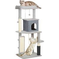 PawHut 132cm Cat Tree w/ Scratching Posts, Pad, Cat Bed, Cat House, Jumping Platform, Grooming Brush, Anti-Tip Kit, Light Grey Aosom UK