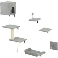 PawHut 6-Piece Cat Wall Shelves Set with Condo, Cat Wall Furniture with Platforms, Sisal Scratching Post, Bed, Toy Ball, Grey