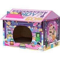 PawHut 2 in 1 Gaming Style Cardboard Cat House with Scratching Board & Catnip for Indoor Cats, Pink