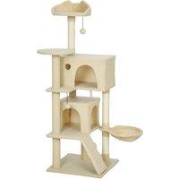 PawHut 140cm Large Cat Tree Tower with Sisal Scratching Posts, Condos, Plush Perches, Hammock, Ladder, Beige