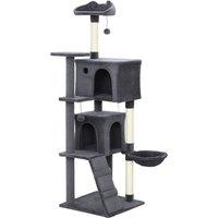 PawHut 160cm Large Cat Tree Tower with Sisal Scratching Posts, Condos, Plush Perches, Hammock, Ladder, Dark Grey