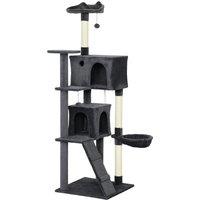 PawHut 180cm Large Cat Tree Tower with Sisal Scratching Posts, Condos, Plush Perches, Hammock, Ladder, Dark Grey