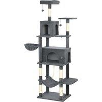 PawHut 202cm Large Cat Tree with 6 Scratching Posts, 2 Hammocks, 2 Condos, 2 Perches, Pompoms, for Indoor Cats to Rest and Play