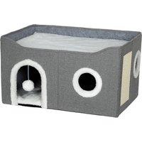 PawHut Cat Bed for Indoor Pets, Foldable Cat House with Fluffy Ball and Scratch Pad for Small and Medium Pets, Grey