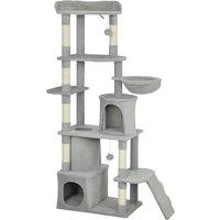 PawHut 170 cm Large Cat Tree, Cat Tower with 7 Scratching Posts, Tunnel, 2 Condos, Hammock, Perch, Ramp, Pompoms, Light Grey