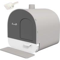PawHut Hooded Cat Litter Box, Kitten Litter Tray, with Lid, Scoop, Filter, Flap Door, Light Grey Aosom UK