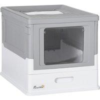 PawHut Hooded Cat Litter Box with Scoop, Front Entry Top Exit, Portable Pet Toilet, Large Space, Easy Assemble, Grey Aosom UK