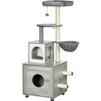 PawHut Enclosed Cat Litter Box with Cat House, Cat Bed, Scratching Posts, Platforms for Indoor Cats Use, Grey