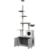 PawHut Cat Tree w/ Hidden Litter Box, 2 in 1 Floor to Ceiling Cat Litter Box Furniture w/ Cat House, Bed, Hammock, Scratching Posts Aosom UK