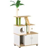 PawHut Cat Tree w/ Hidden Litter Box Enclosure, 2 in 1 Green Leaf Cat Tower Litter Box Furniture w/ House, Ladder, Scratching Posts Aosom UK