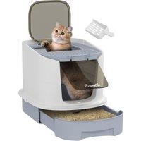 PawHut Cat Litter Box with Lid, Scoop, Deodorization Bags, Top Entry, Cat Toilet Easy Clean with Drawer Pan, Grey