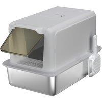 PawHut Stainless Steel Cat Litter Box with Removable Lid, Scoop, Filter Bags, for Larger Cats, Grey
