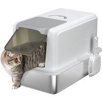 PawHut Stainless Steel Cat Litter Box with Removable Lid, Scoop, Filter Bags, for Larger Cats, White