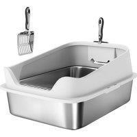 PawHut XL Stainless Steel Cat Litter Box with High Sides, Metal Scoop, 60 x 40 x 30 cm