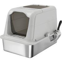 PawHut Extra Large Stainless Steel Litter Box, Enclosed Cat Litter Tray with Scoop, Deodorizer Bag, Front-Entry and Top-Exit