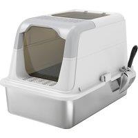 PawHut Extra Large Stainless Steel Litter Box, Enclosed Cat Litter Tray with Scoop, Deodorizer Bag, Front-Entry and Top-Exit