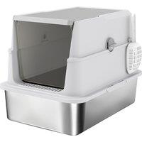 PawHut Extra Large Stainless Steel, Cat Litter Tray with Scoop, Flip Top