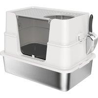PawHut XL Stainless Steel Litter Box w/ 100 Flip Top, Scoop, Side Top Dual Entry, Odor Free, Easy Cleaning, Anti Leakage