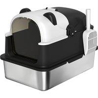 PawHut Panda Style XL Stainless Steel Cat Litter Box with Lid, Enclosed Kitty Litter Box with Scoop, 60 x 40 x 45 cm