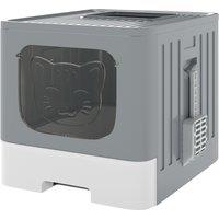 PawHut Foldable Cat Litter Box with Lid, Slide-Out Drawer, Scoop, Easy Clean, Odour Control, Anti-Splashing, Grey