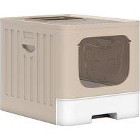 PawHut Foldable Cat Litter Box with Lid, Slide-Out Drawer, Scoop, Easy Clean, Odour Control, Anti-Splashing, Khaki