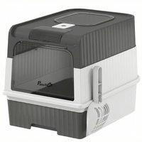 PawHut Enclosed Cat Litter Box with Lid, Pull-Out Drawer Tray, Scoop, 4 Deodorisation Bags, Front Entry & Top Exit, Grey