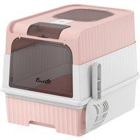 PawHut Enclosed Cat Litter Box with Lid, Pull-Out Drawer Tray, Scoop, 4 Deodorisation Bags, Front Entry & Top Exit, Pink