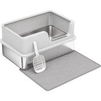 PawHut XL Stainless Steel Cat Litter Tray with Lid, High Sided Cat Litter Box with Scoop and Mat, Light Grey