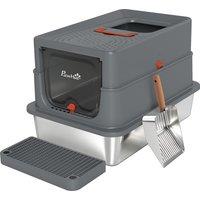 PawHut Stainless Steel Cat Litter Tray with Lid, XL 90L Enclosed Cat Litter Box with Step, Scoop, High Side, Dark Grey