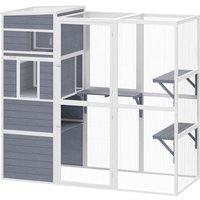 PawHut 4-Tier Wooden Catio Cat Outdoor Enclosure with Sun Roof, Resting Rooms, 3 Platforms, Window Outdoor Indoor, Grey