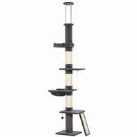 PawHut Floor to Ceiling Cat Tree, 230-260 cm Adjustable 5-Level Cat Tower with 3 Top Tension Rods, Bed, Hammock, Dark Grey