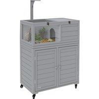 PawHut Wooden Tortoise House with Storage Cabinet, Openable Top, Lamp Holder, Transparent Observation Windows, Light Grey