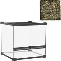 PawHut Reptile Glass Terrarium with Stone Background, Front Ventilation, Escape-Proof Knob Lock, 30 x 30 x 30 cm, Black