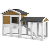 PawHut Wooden Rabbit Hutch Outdoor, Double Tier with Water-Resistant Roof, Ramp 147 x 54 x 84 cm, Yellow